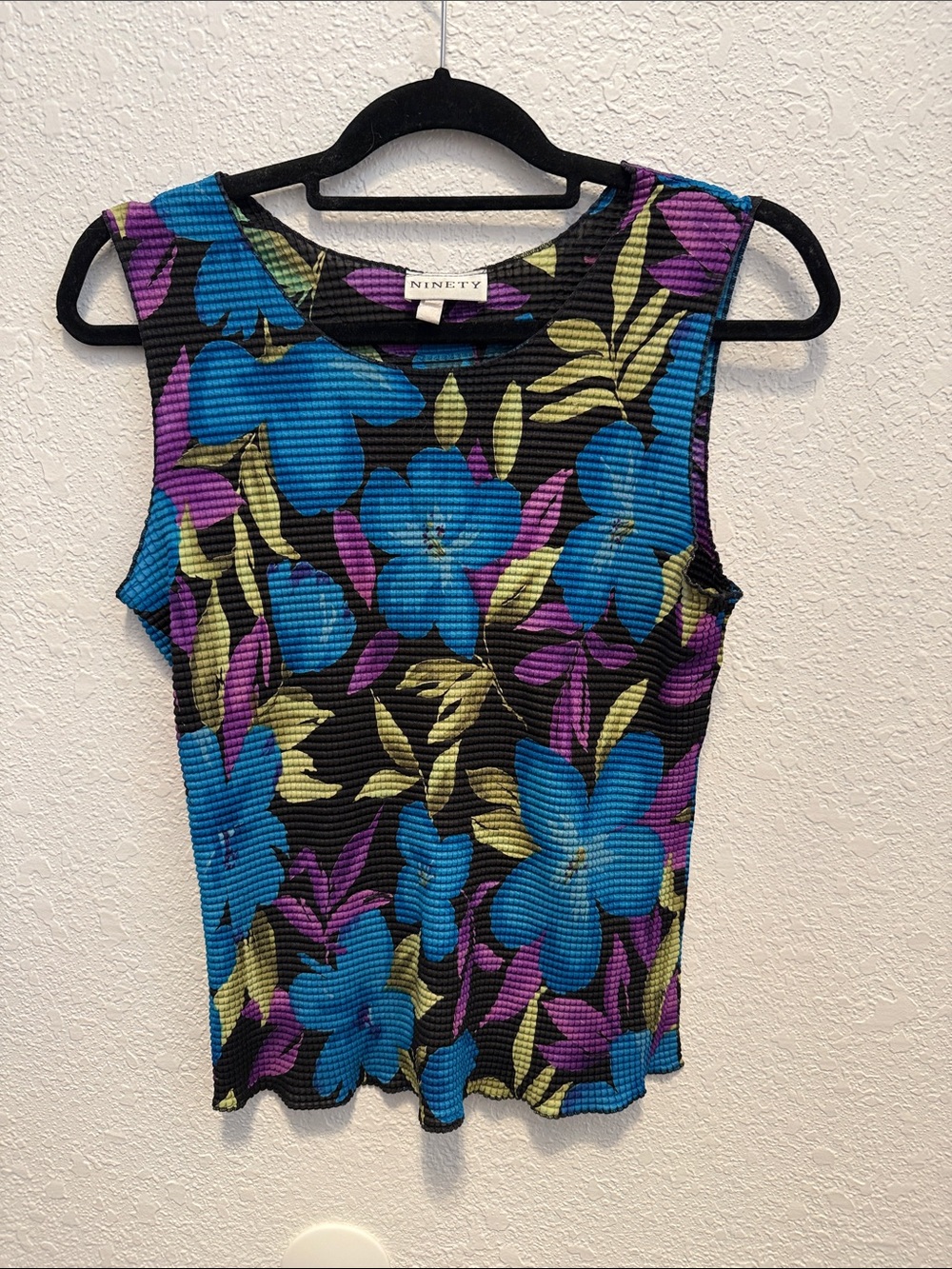 Ninety Black Ribbed Tank with Blue & Purple Floral Print